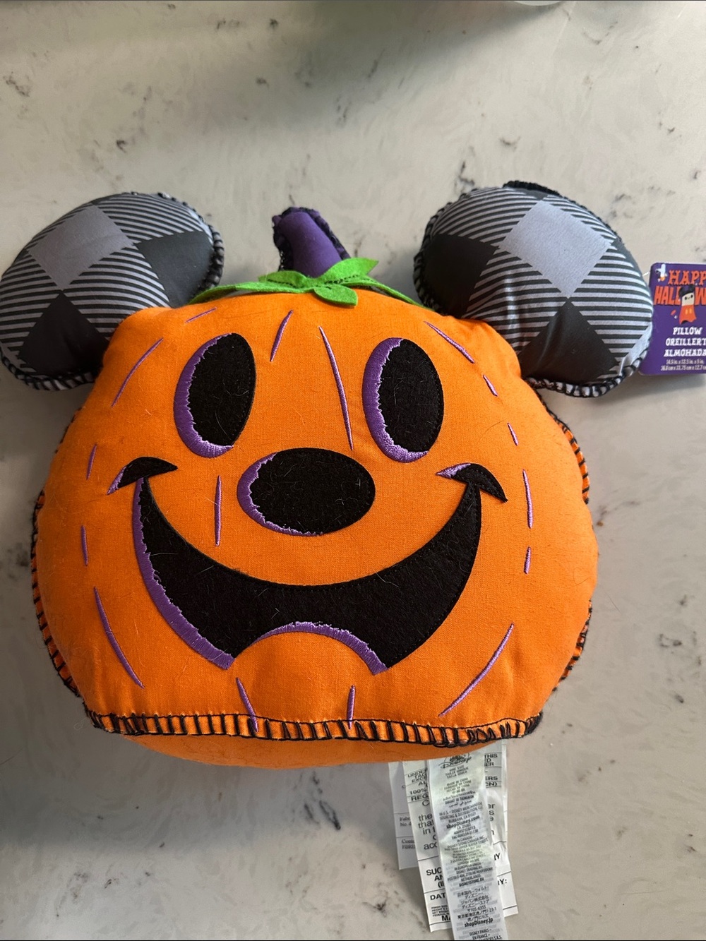 Disney Orange Pumpkin Mickey Ear Plush Pillow with Black & Purple Accents